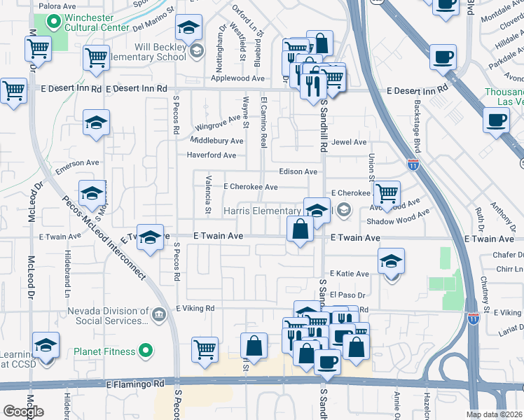 map of restaurants, bars, coffee shops, grocery stores, and more near 3673 Castille Street in Las Vegas