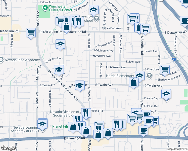 map of restaurants, bars, coffee shops, grocery stores, and more near 3676 Barcelona Street in Las Vegas