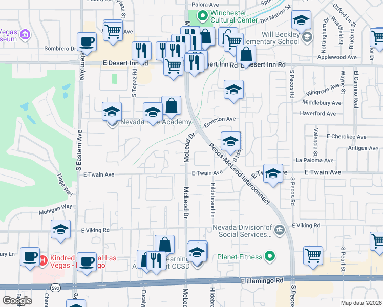 map of restaurants, bars, coffee shops, grocery stores, and more near 2970 Blaney Court in Las Vegas