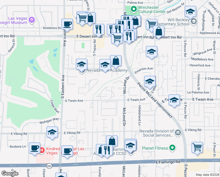 map of restaurants, bars, coffee shops, grocery stores, and more near 3670 Laguna Verde Drive in Las Vegas