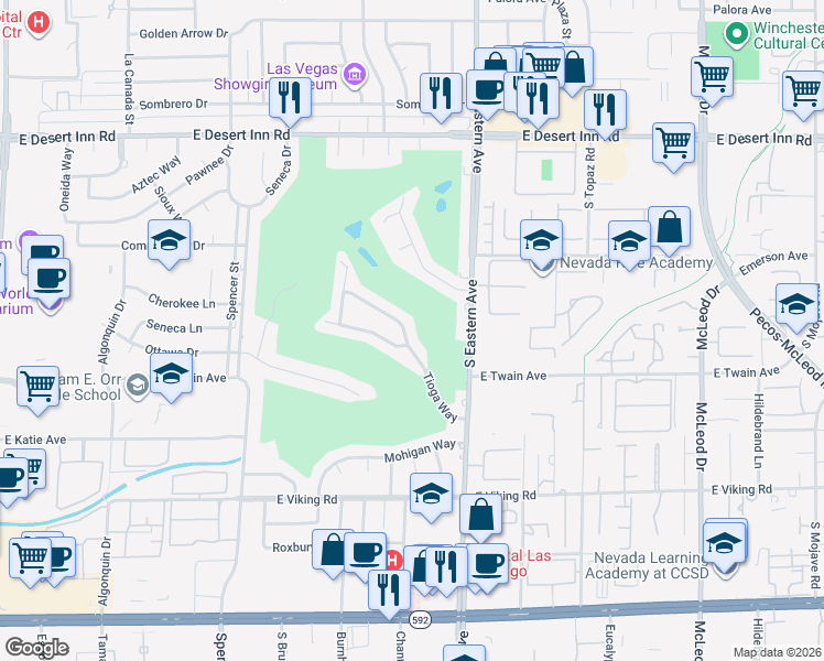 map of restaurants, bars, coffee shops, grocery stores, and more near 3672 Tioga Way in Las Vegas