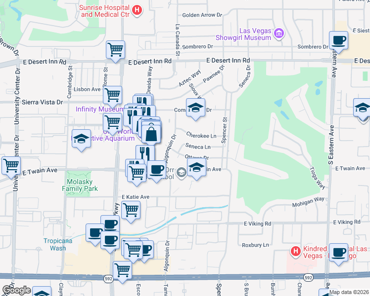 map of restaurants, bars, coffee shops, grocery stores, and more near 1585 Ottawa Drive in Las Vegas