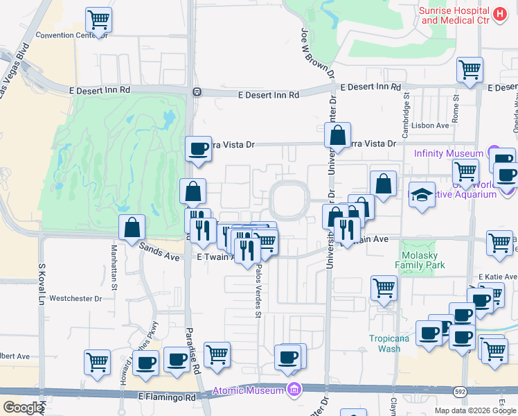 map of restaurants, bars, coffee shops, grocery stores, and more near 140 Elm Drive in Las Vegas