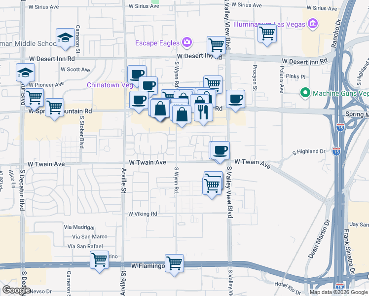 map of restaurants, bars, coffee shops, grocery stores, and more near 4090 West Twain Avenue in Las Vegas