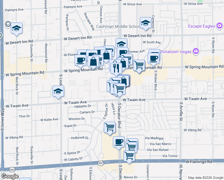 map of restaurants, bars, coffee shops, grocery stores, and more near 3675 South Decatur Boulevard in Las Vegas