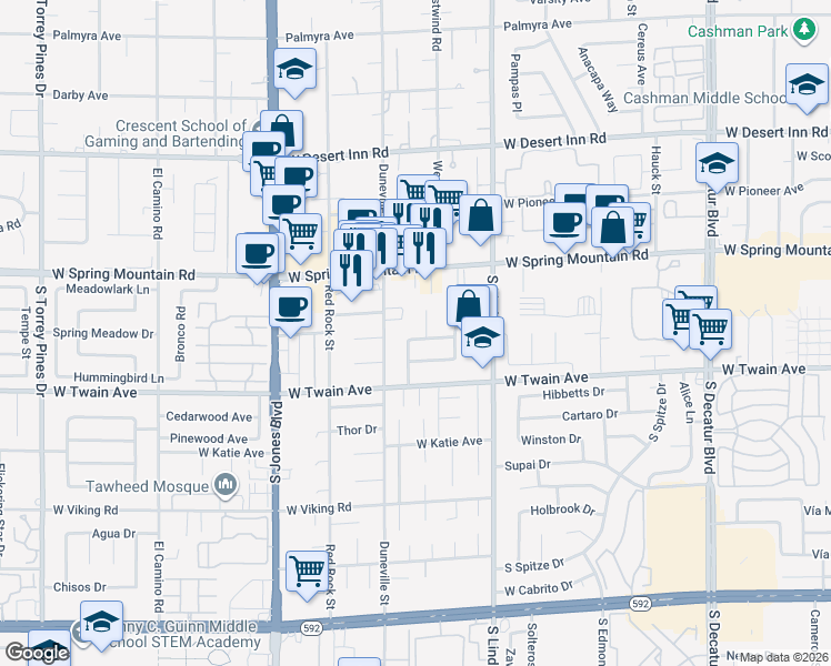 map of restaurants, bars, coffee shops, grocery stores, and more near 5720 Maceta Avenue in Las Vegas