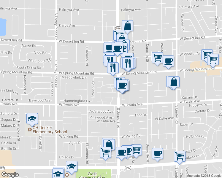 map of restaurants, bars, coffee shops, grocery stores, and more near 6124 Meadow View Lane in Las Vegas
