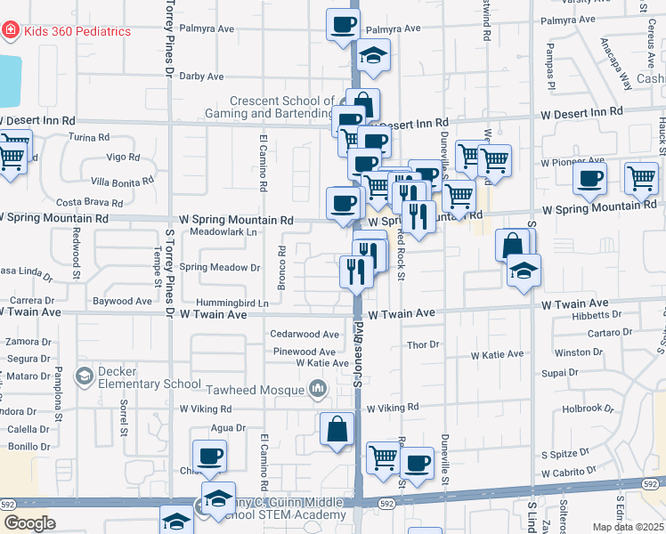 map of restaurants, bars, coffee shops, grocery stores, and more near 6124 Meadow View Lane in Las Vegas