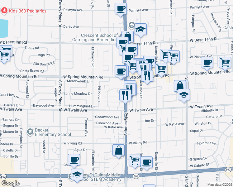 map of restaurants, bars, coffee shops, grocery stores, and more near 6124 Meadow View Lane in Las Vegas