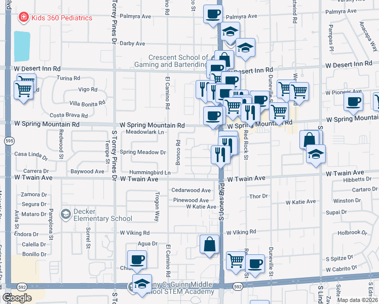 map of restaurants, bars, coffee shops, grocery stores, and more near 6182 Meadow View Lane in Las Vegas