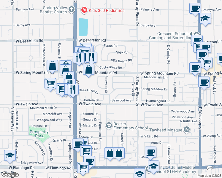 map of restaurants, bars, coffee shops, grocery stores, and more near 6675 Casa Linda Drive in Las Vegas