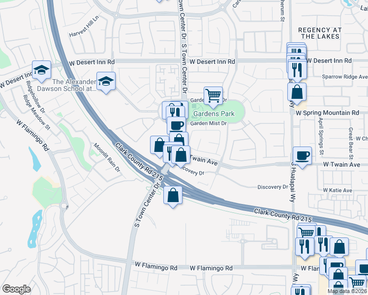 map of restaurants, bars, coffee shops, grocery stores, and more near 3650 South Town Center Drive in Las Vegas