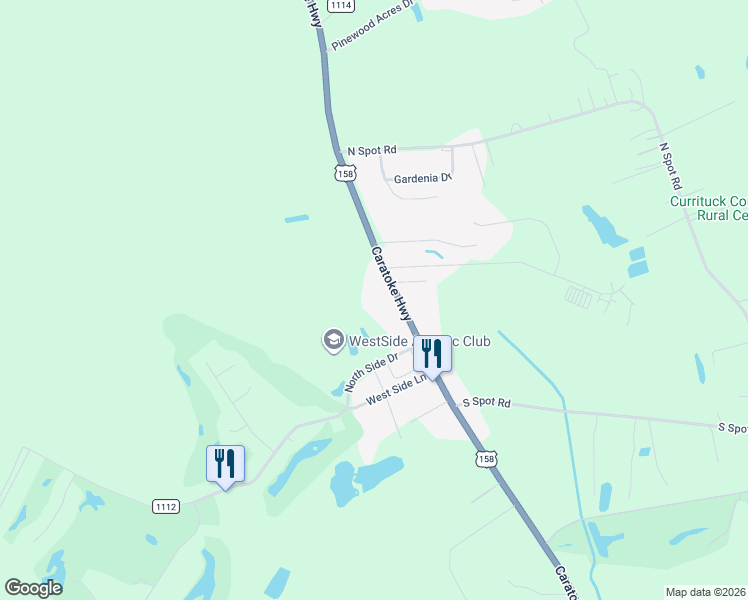 map of restaurants, bars, coffee shops, grocery stores, and more near 8320 Caratoke Hwy in Powells Point