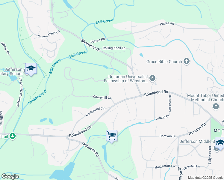 map of restaurants, bars, coffee shops, grocery stores, and more near 4672 Cherryhill Lane in Winston-Salem