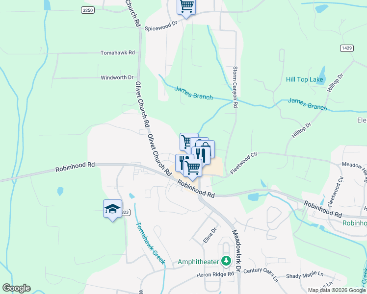 map of restaurants, bars, coffee shops, grocery stores, and more near 5395 Robinhood Village Drive in Winston-Salem