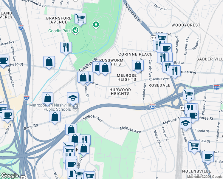 map of restaurants, bars, coffee shops, grocery stores, and more near 553 Rosedale Avenue in Nashville