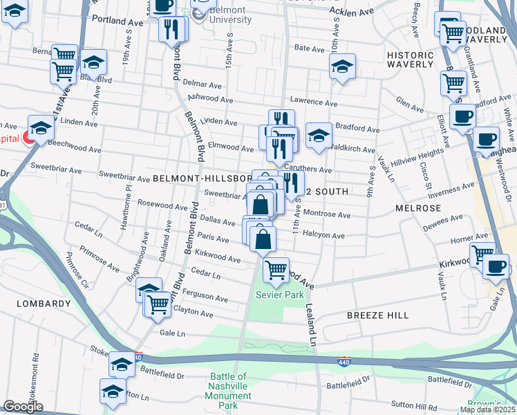 map of restaurants, bars, coffee shops, grocery stores, and more near 2702 12th Avenue South in Nashville