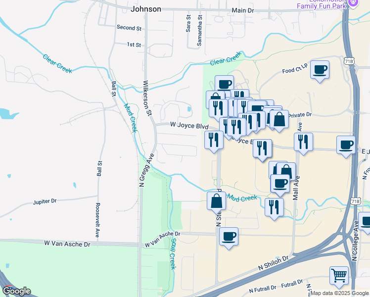 map of restaurants, bars, coffee shops, grocery stores, and more near 2443 West Mary Drive in Fayetteville