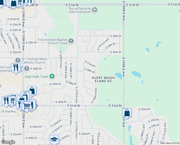 map of restaurants, bars, coffee shops, grocery stores, and more near 13908 East 28th Place in Tulsa
