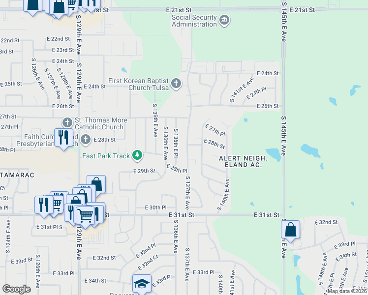 map of restaurants, bars, coffee shops, grocery stores, and more near 2781 South 136th East Place in Tulsa