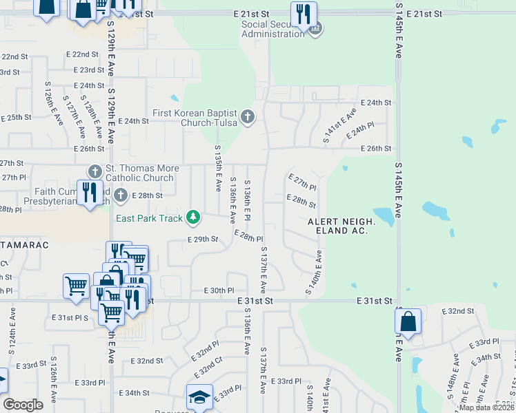 map of restaurants, bars, coffee shops, grocery stores, and more near 2781 South 136th East Place in Tulsa
