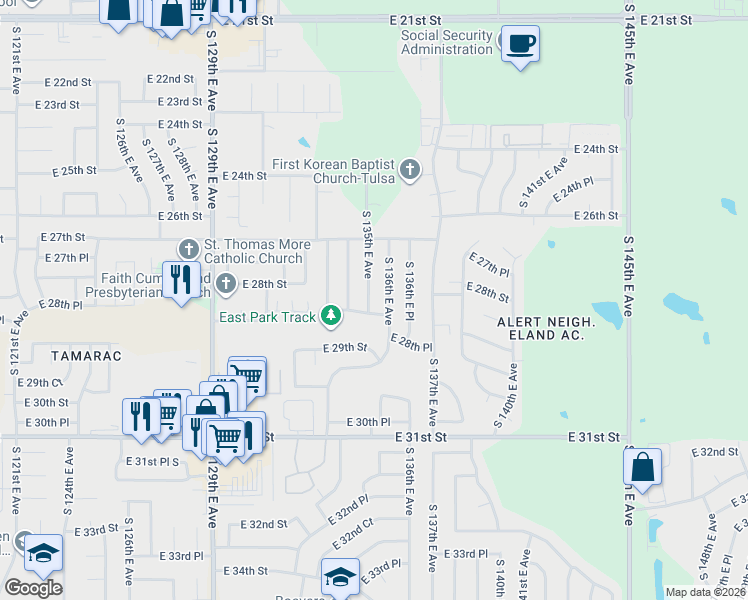 map of restaurants, bars, coffee shops, grocery stores, and more near 13512 East 28th Street in Tulsa