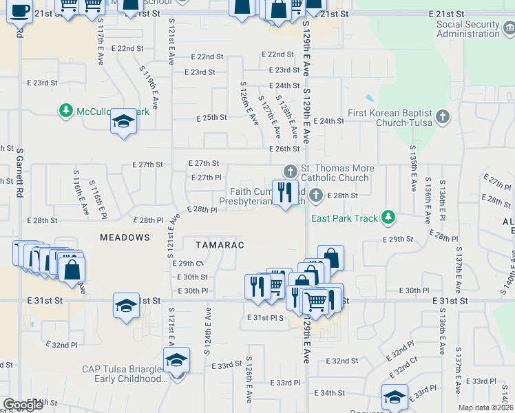 map of restaurants, bars, coffee shops, grocery stores, and more near 2821 South 126th East Avenue in Tulsa