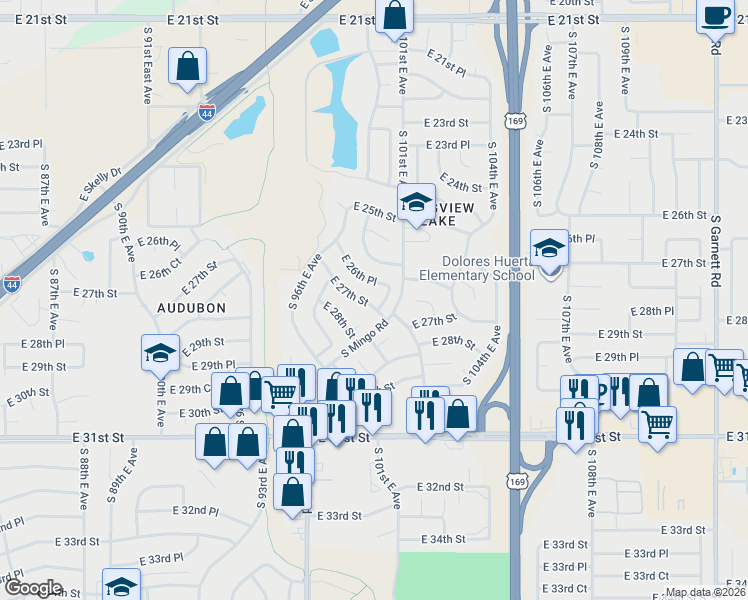 map of restaurants, bars, coffee shops, grocery stores, and more near 9659 East 28th Street in Tulsa