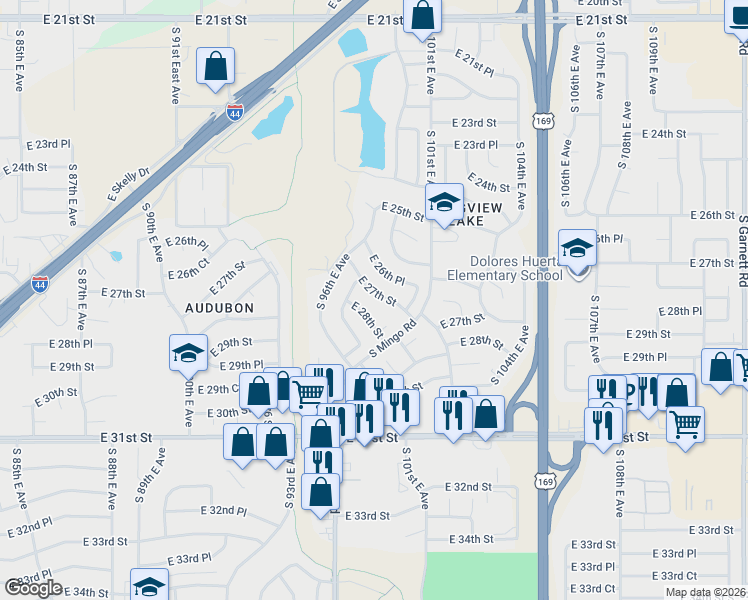 map of restaurants, bars, coffee shops, grocery stores, and more near 9659 East 28th Street in Tulsa