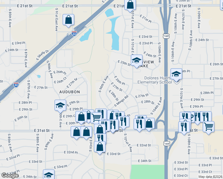 map of restaurants, bars, coffee shops, grocery stores, and more near 2825 South 96th East Place in Tulsa