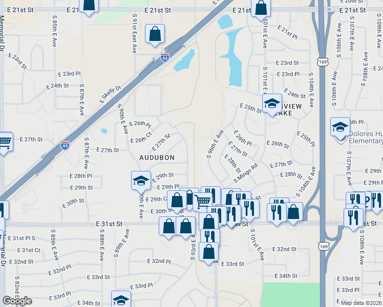 map of restaurants, bars, coffee shops, grocery stores, and more near 2805 South 94th East Avenue in Tulsa