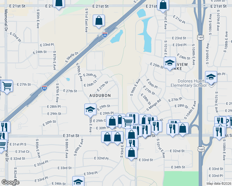 map of restaurants, bars, coffee shops, grocery stores, and more near 2805 South 94th East Avenue in Tulsa