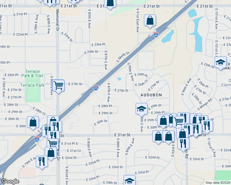 map of restaurants, bars, coffee shops, grocery stores, and more near 8738 East 28th Street in Tulsa