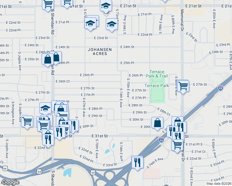map of restaurants, bars, coffee shops, grocery stores, and more near 6785 East 28th Street in Tulsa