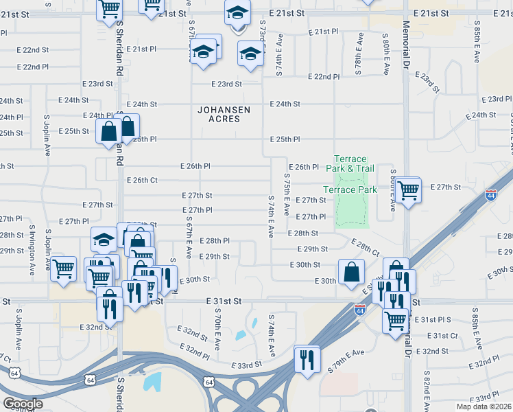 map of restaurants, bars, coffee shops, grocery stores, and more near 6785 East 28th Street in Tulsa