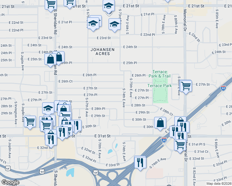 map of restaurants, bars, coffee shops, grocery stores, and more near 6785 East 28th Street in Tulsa
