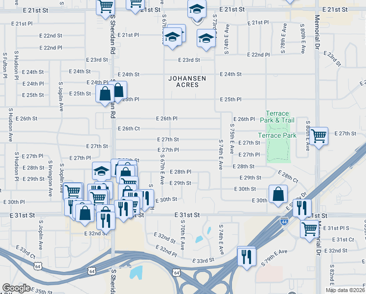 map of restaurants, bars, coffee shops, grocery stores, and more near 6749 E 28th St in Tulsa