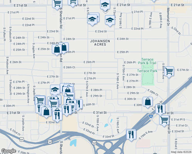 map of restaurants, bars, coffee shops, grocery stores, and more near 6749 East 28th Street in Tulsa