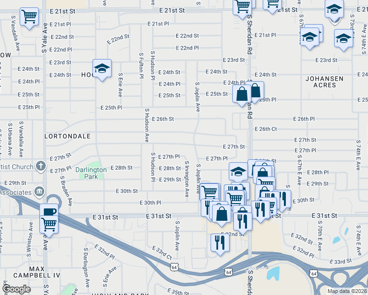 map of restaurants, bars, coffee shops, grocery stores, and more near 2719 South Irvington Avenue in Tulsa