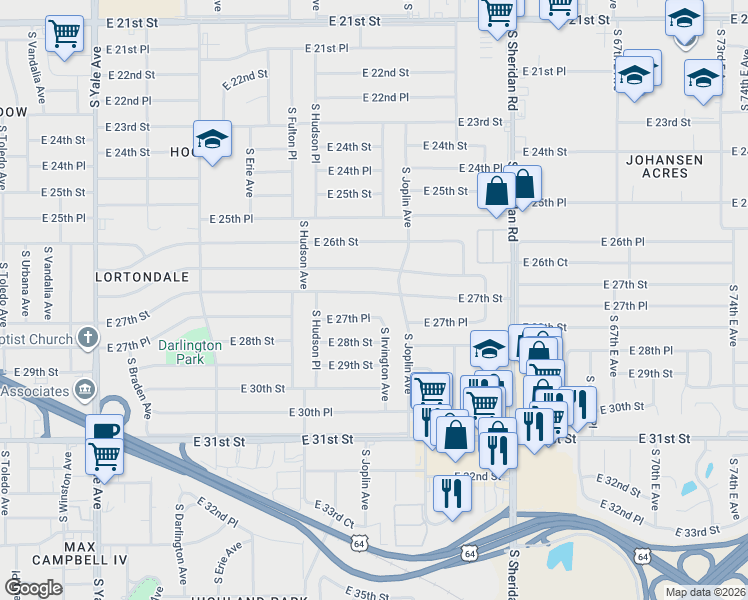 map of restaurants, bars, coffee shops, grocery stores, and more near 2719 South Irvington Avenue in Tulsa