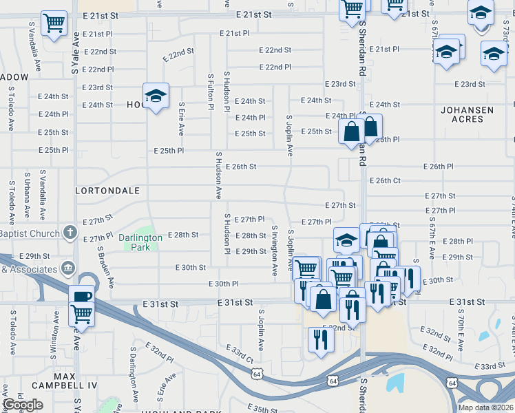 map of restaurants, bars, coffee shops, grocery stores, and more near 5746 East 27th Place in Tulsa