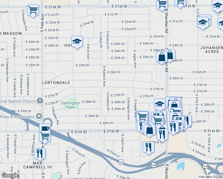 map of restaurants, bars, coffee shops, grocery stores, and more near 2728 South Hudson Place in Tulsa