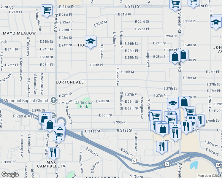 map of restaurants, bars, coffee shops, grocery stores, and more near 5378 East 27th Place in Tulsa
