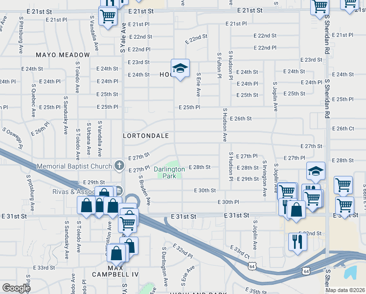 map of restaurants, bars, coffee shops, grocery stores, and more near 5308 East 27th Place in Tulsa