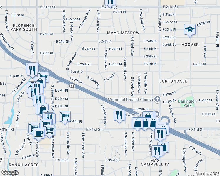 map of restaurants, bars, coffee shops, grocery stores, and more near 2676 South Quebec Avenue in Tulsa