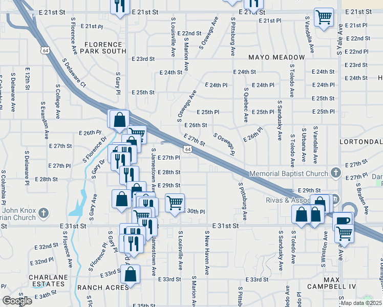 map of restaurants, bars, coffee shops, grocery stores, and more near 2735 South Louisville Avenue in Tulsa