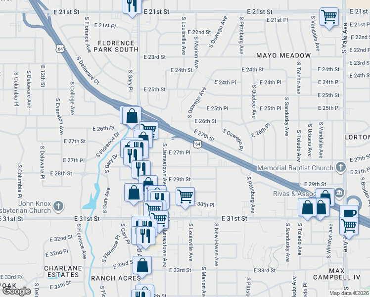 map of restaurants, bars, coffee shops, grocery stores, and more near 3514 East 27th Place in Tulsa