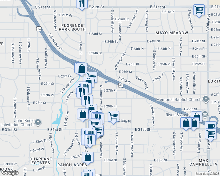 map of restaurants, bars, coffee shops, grocery stores, and more near 3514 East 27th Place in Tulsa