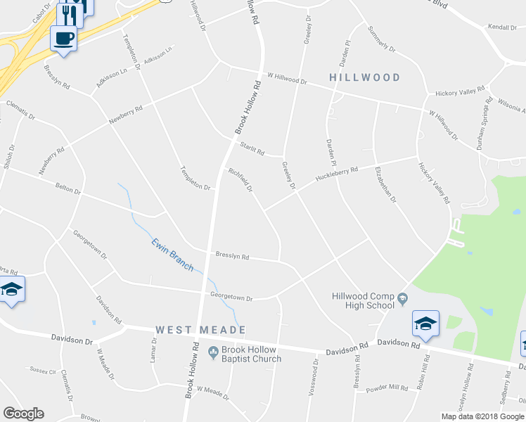 map of restaurants, bars, coffee shops, grocery stores, and more near 723 Richfield Drive in Nashville
