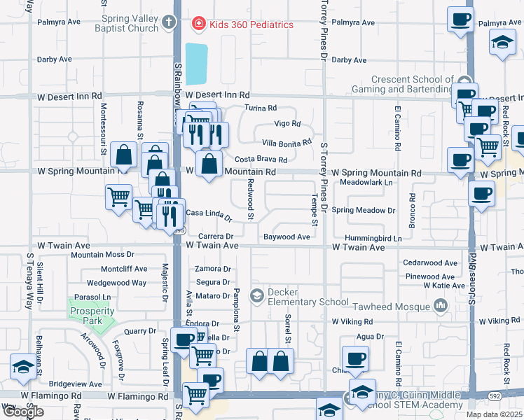 map of restaurants, bars, coffee shops, grocery stores, and more near 6675 Casa Linda Drive in Las Vegas